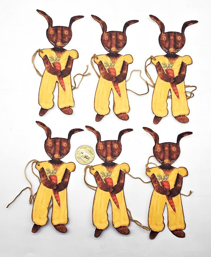 6-Easter-Primitive-Fussy Cut-Bunny-Farmhouse-Heavy Cardstock-Ornaments