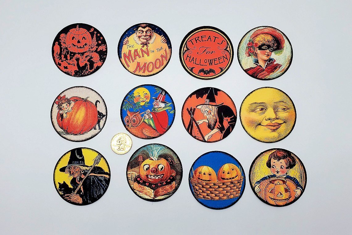 12-Halloween-Vintage Style-Circle-Scrapbook-Party-Linen Cardstock-Label-Stickers