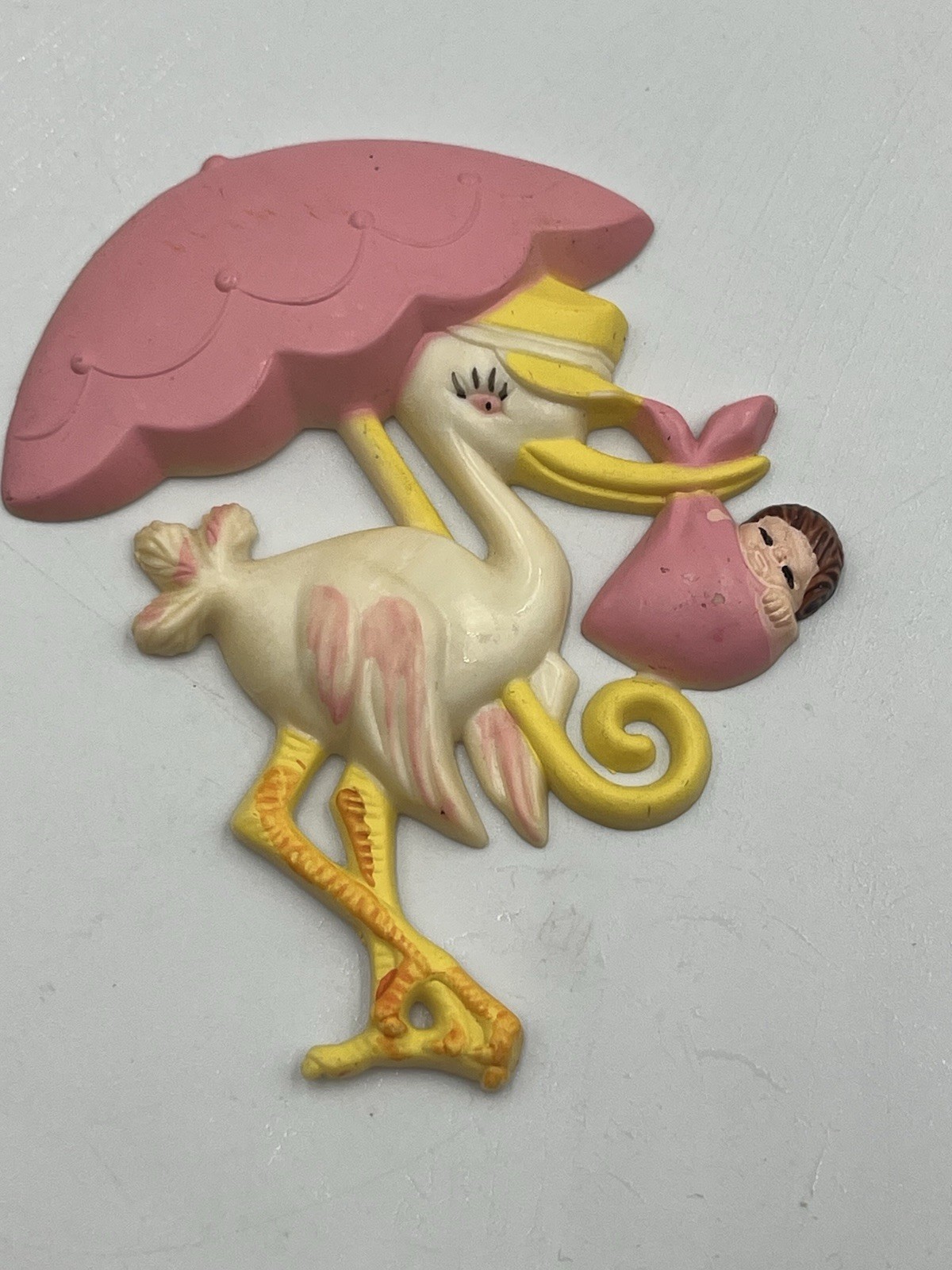 Plastic Pink Stork Umbrella & baby shower favor floral cupcake pic COLLECTIBLE