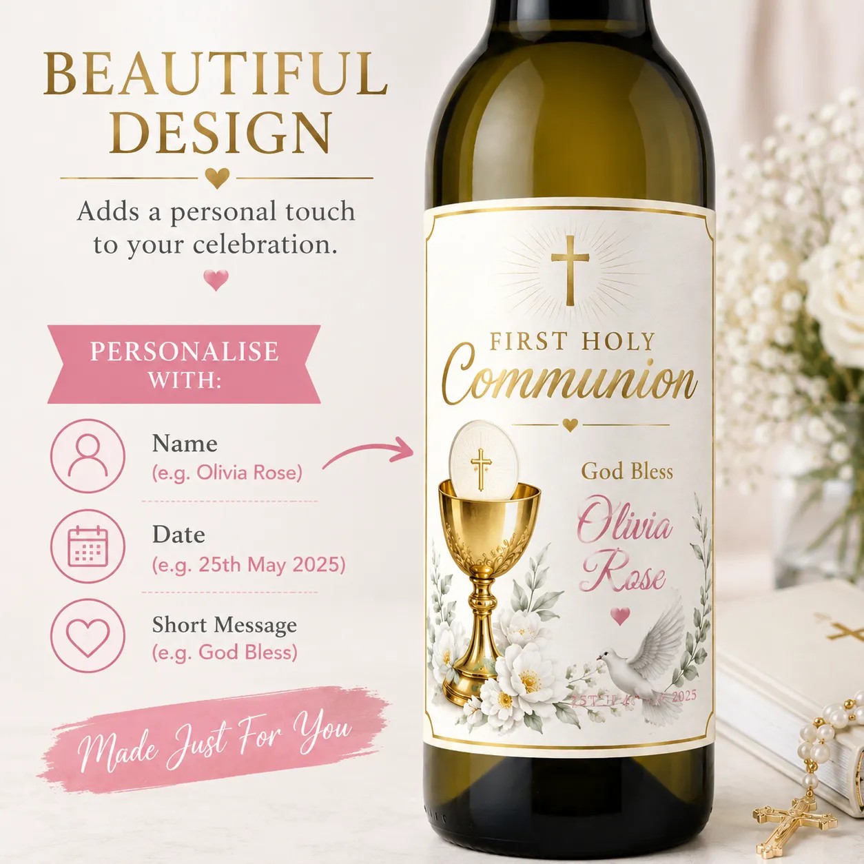 Personalised First Holy Communion Bottle Label Sticker Custom Wine Gift