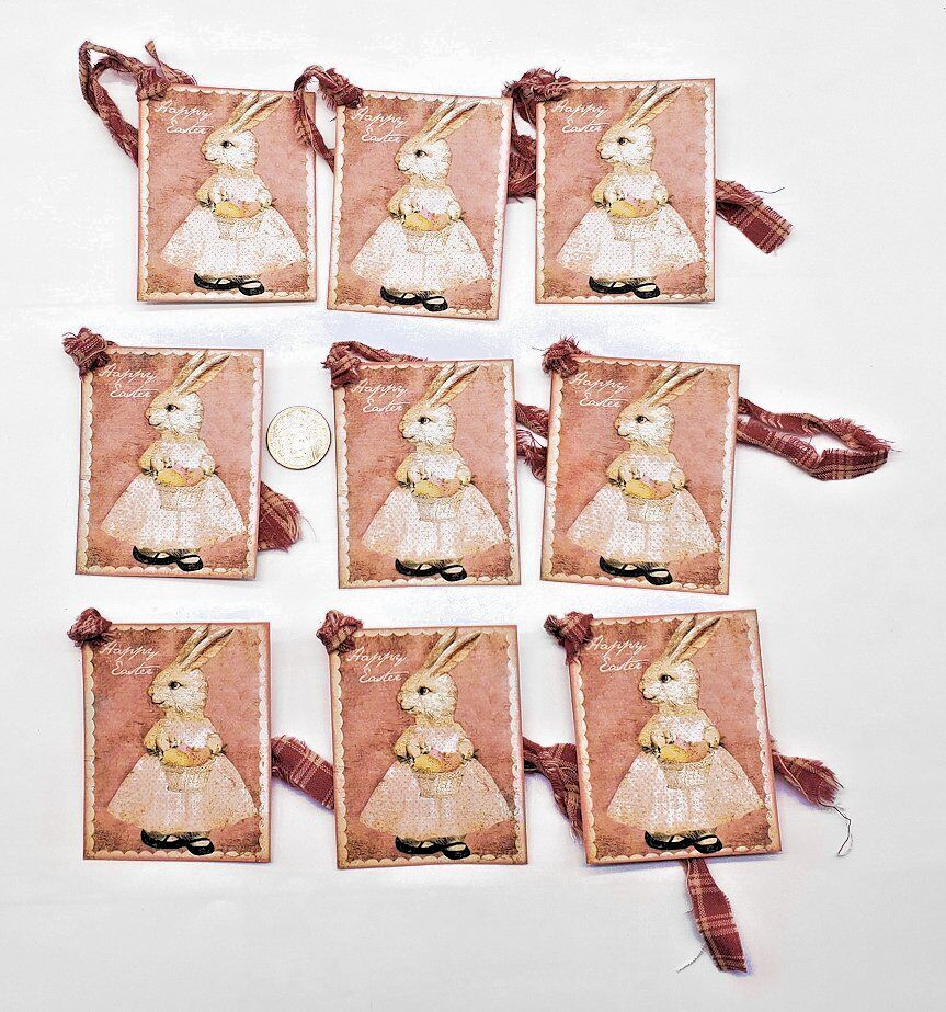 9-Easter-Primitive-Farmhouse-Girl Bunny-Linen Cardstock-Gift-Hang-Tags