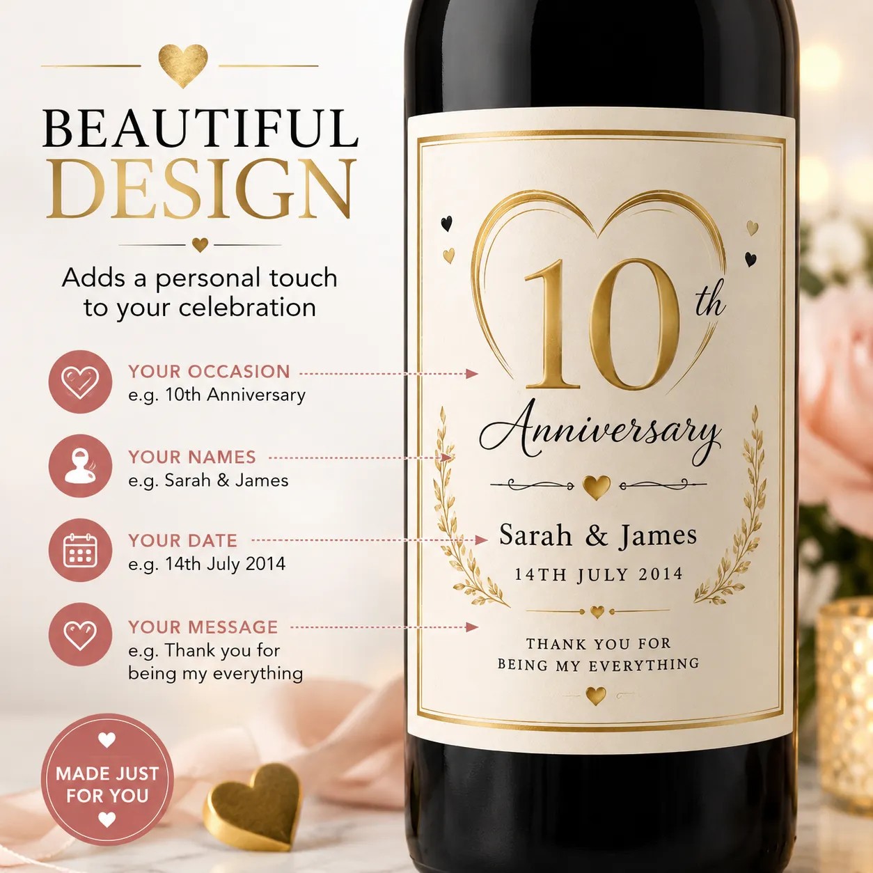 Personalised 10th Anniversary Bottle Label Sticker Custom Wedding Gift