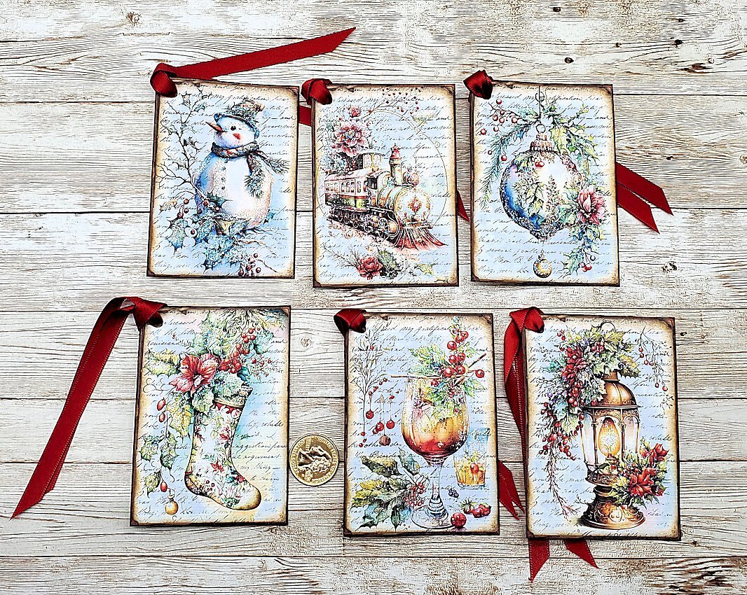 6-Christmas-Watercolor Style-Snowman-Glitter-Linen Cardstock-Gift-Hang-Tags