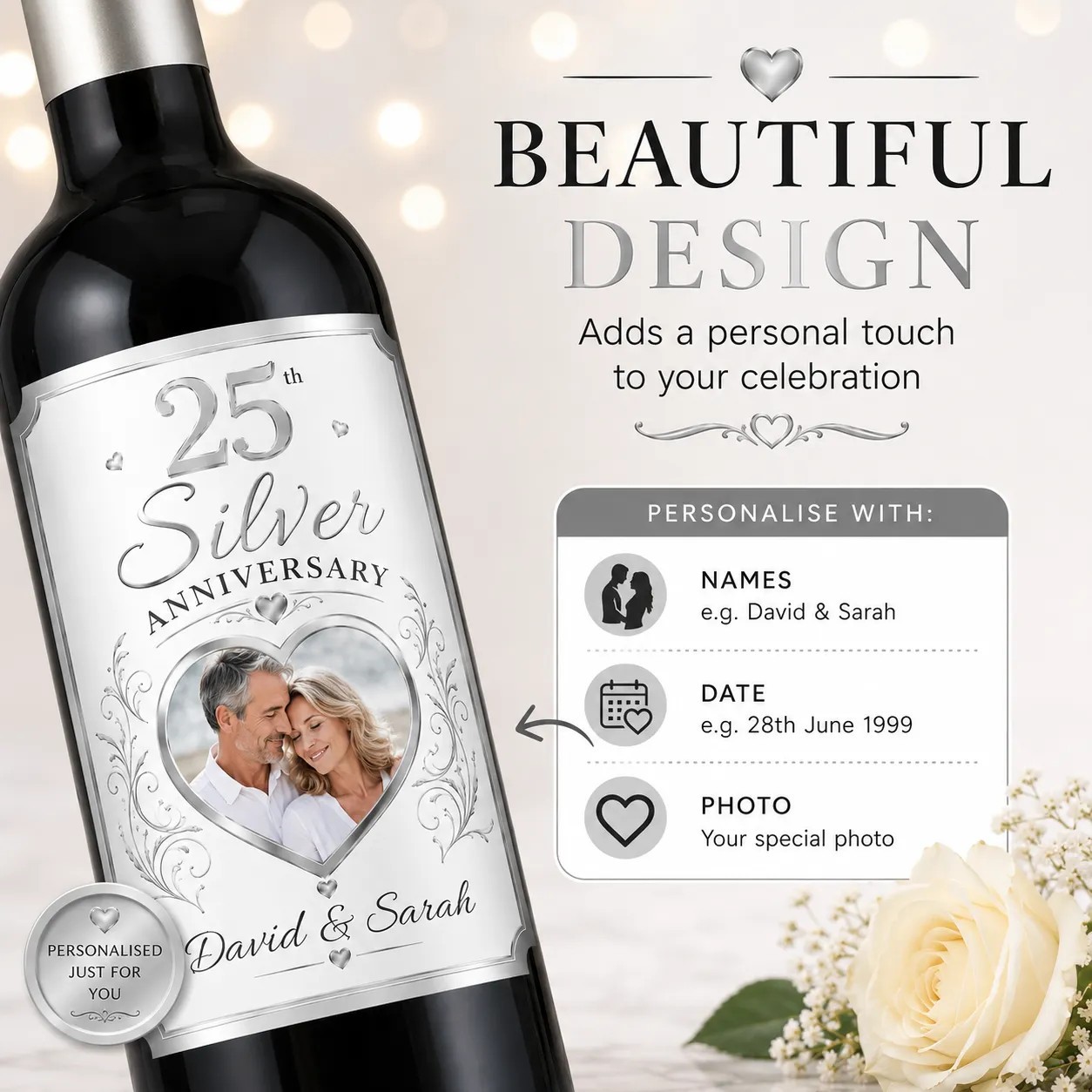 Personalised 25th Silver Anniversary Bottle Label Sticker Custom Photo Gift