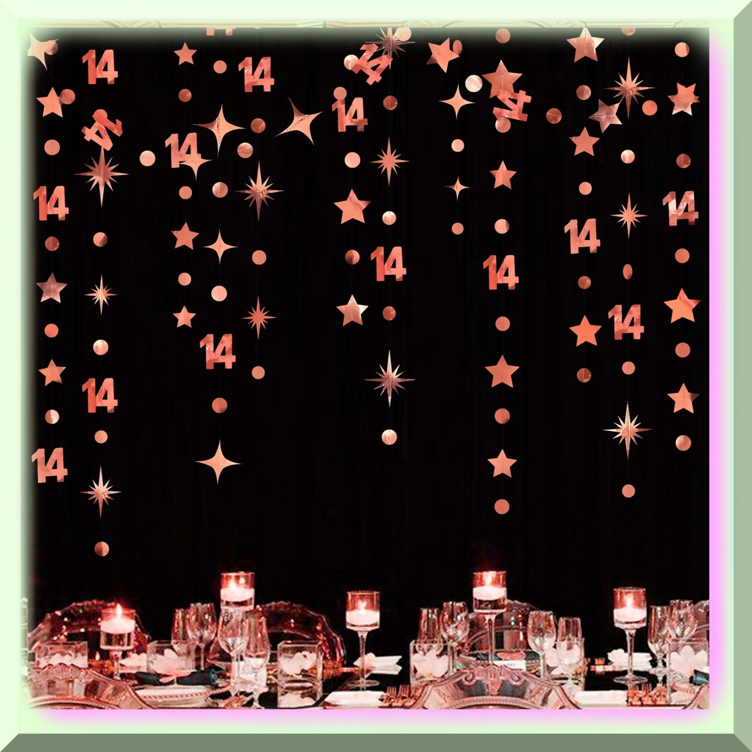 Rose Gold 14th Birthday Decor Kit with Glitter Numbers