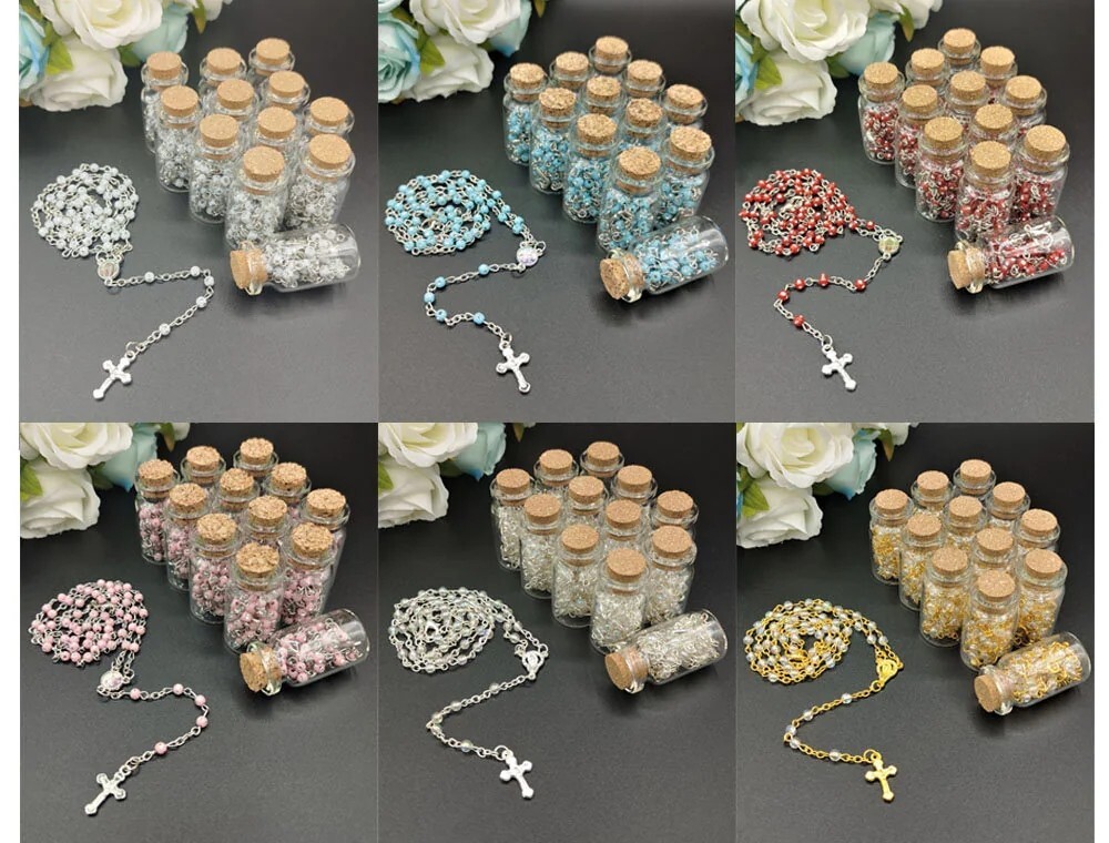 12pcs Rosary in Glass Wishing Bottle Crucifix Holy Communion Baby Shower Favor
