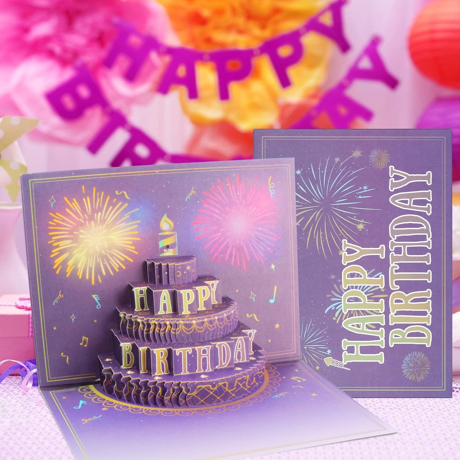 XTF2015 Happy Birthday Cards Fireworks, Lights, Music 7.87*5.9 inch, Purple
