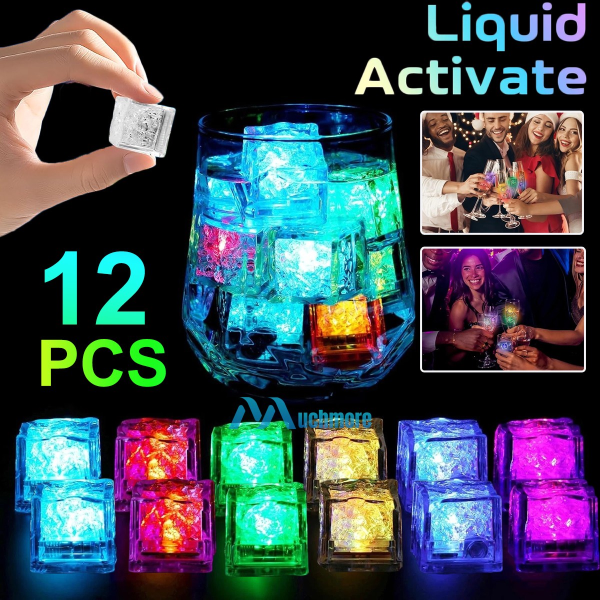 12x Light Up RGB LED Ice Cubes for Party Drinks Dark Glowing Flashing Ice Cubes