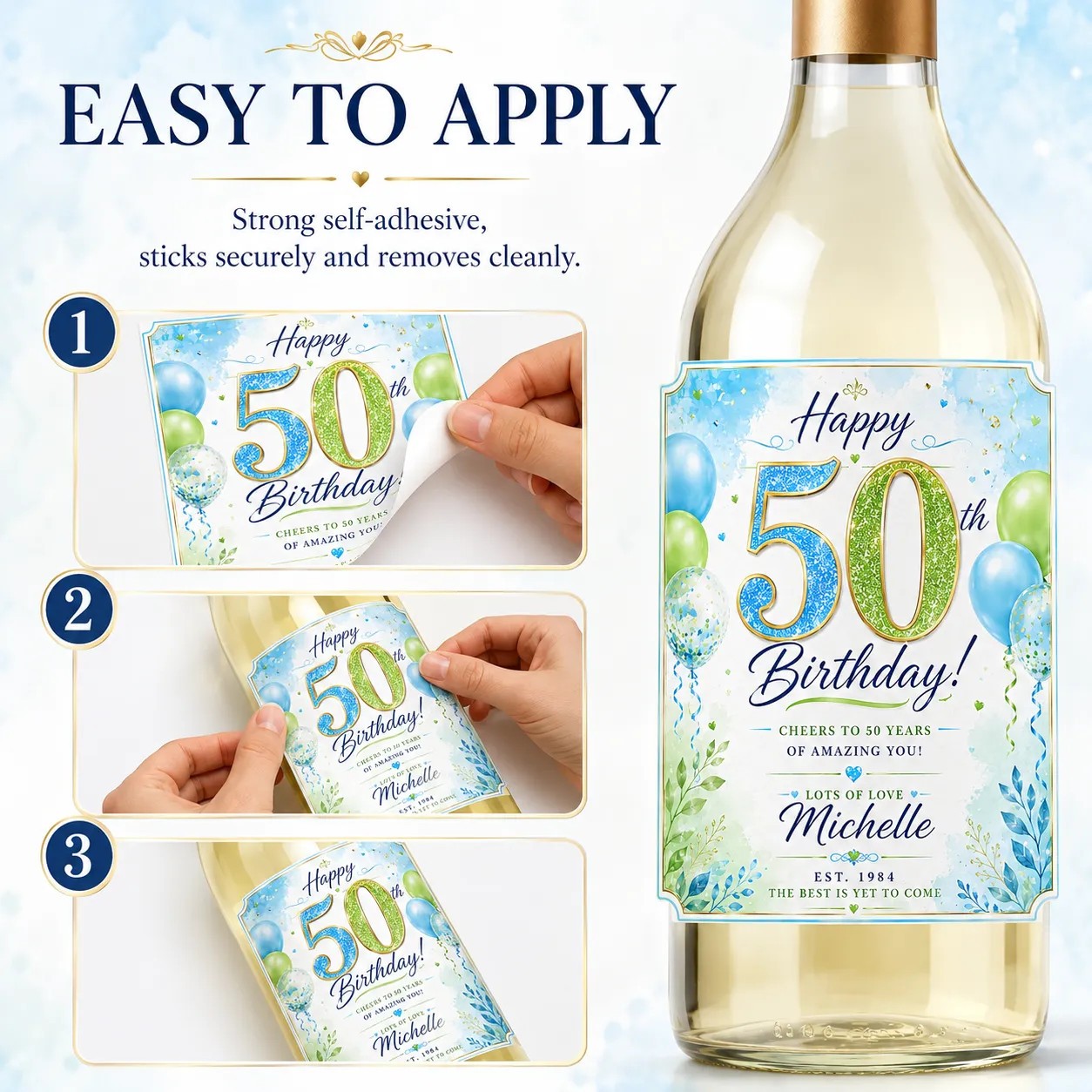 Personalised 50th Birthday Bottle Label Sticker Custom Wine Gift Blue Green