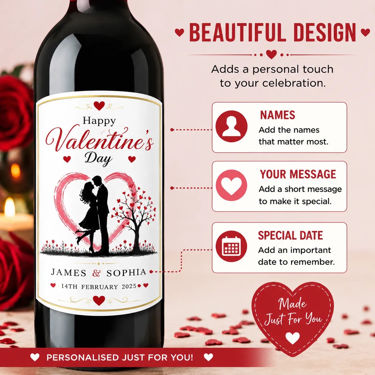 Personalised Valentine’s Day Bottle Label Sticker Custom Wine Gift for Couples