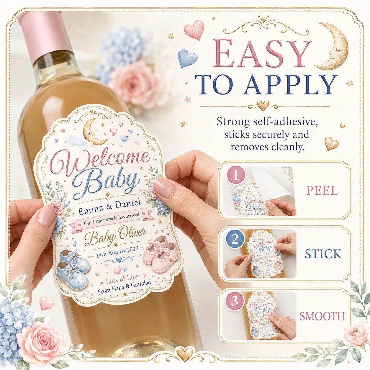 Personalised New Baby Bottle Label Sticker Custom Wine Gift Baby Arrival