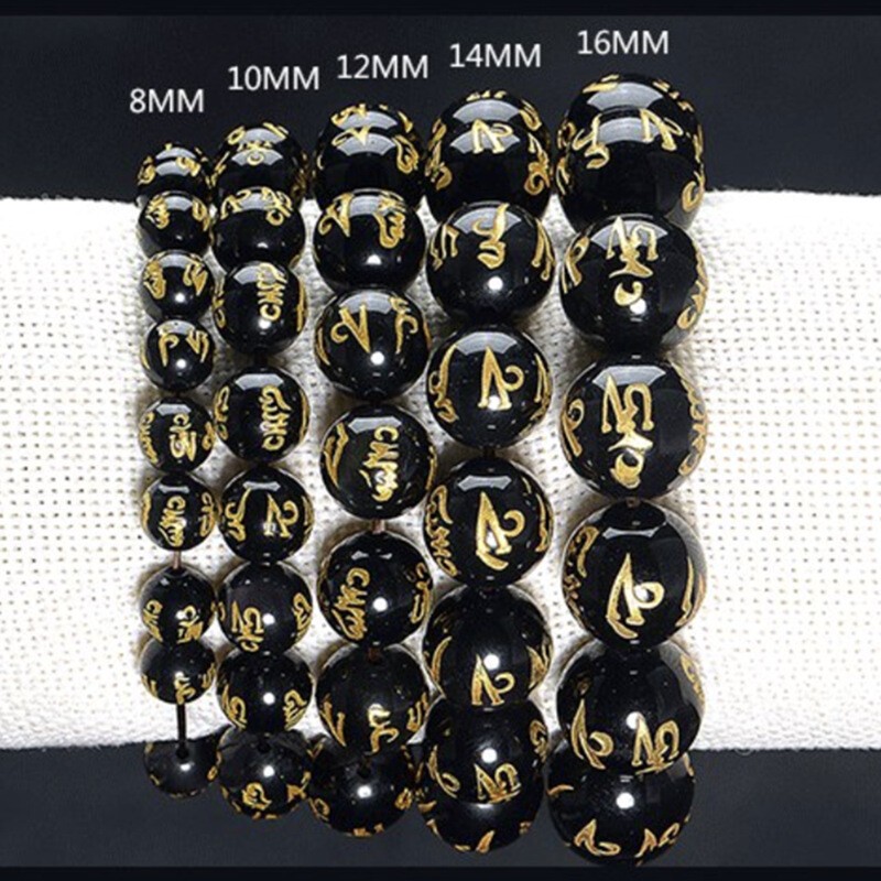 Natural Black Obsidian Bracelet Tibetan Mantra Beads Buddhist Daily Jewelry Gift