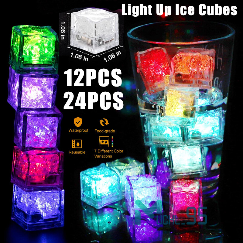 24x Waterproof Light Up LED Ice Cubes for Party Drinks Glowing Flashing Ice Cube