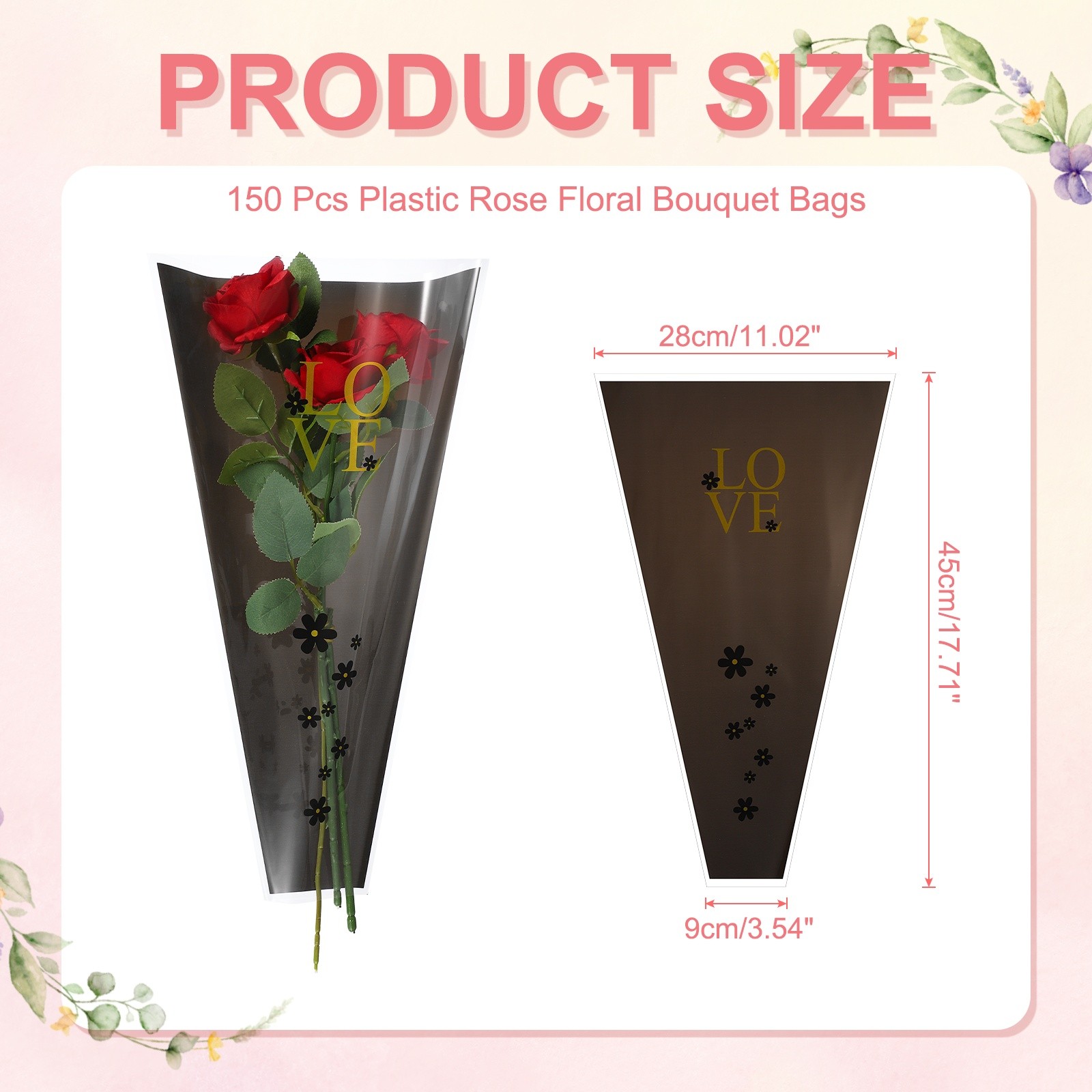 150 Pcs Plastic Rose Floral Bouquet Bags 17.7″ Flower Sleeves Bags, Black
