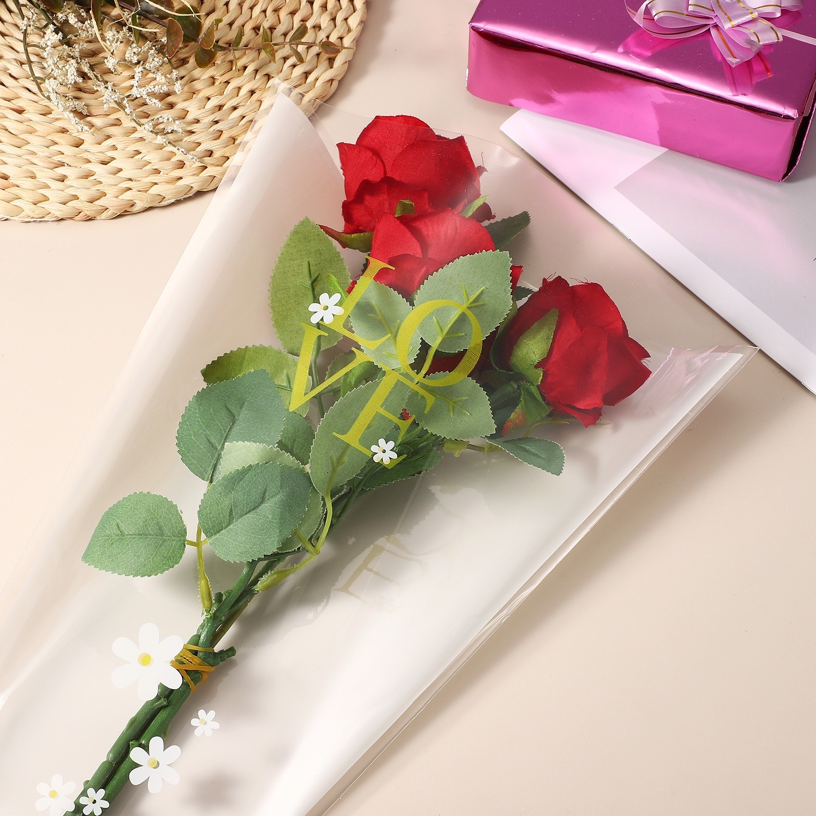150 Pcs Plastic Rose Floral Bouquet Bags 17.7″ Flower Sleeves Bags, White