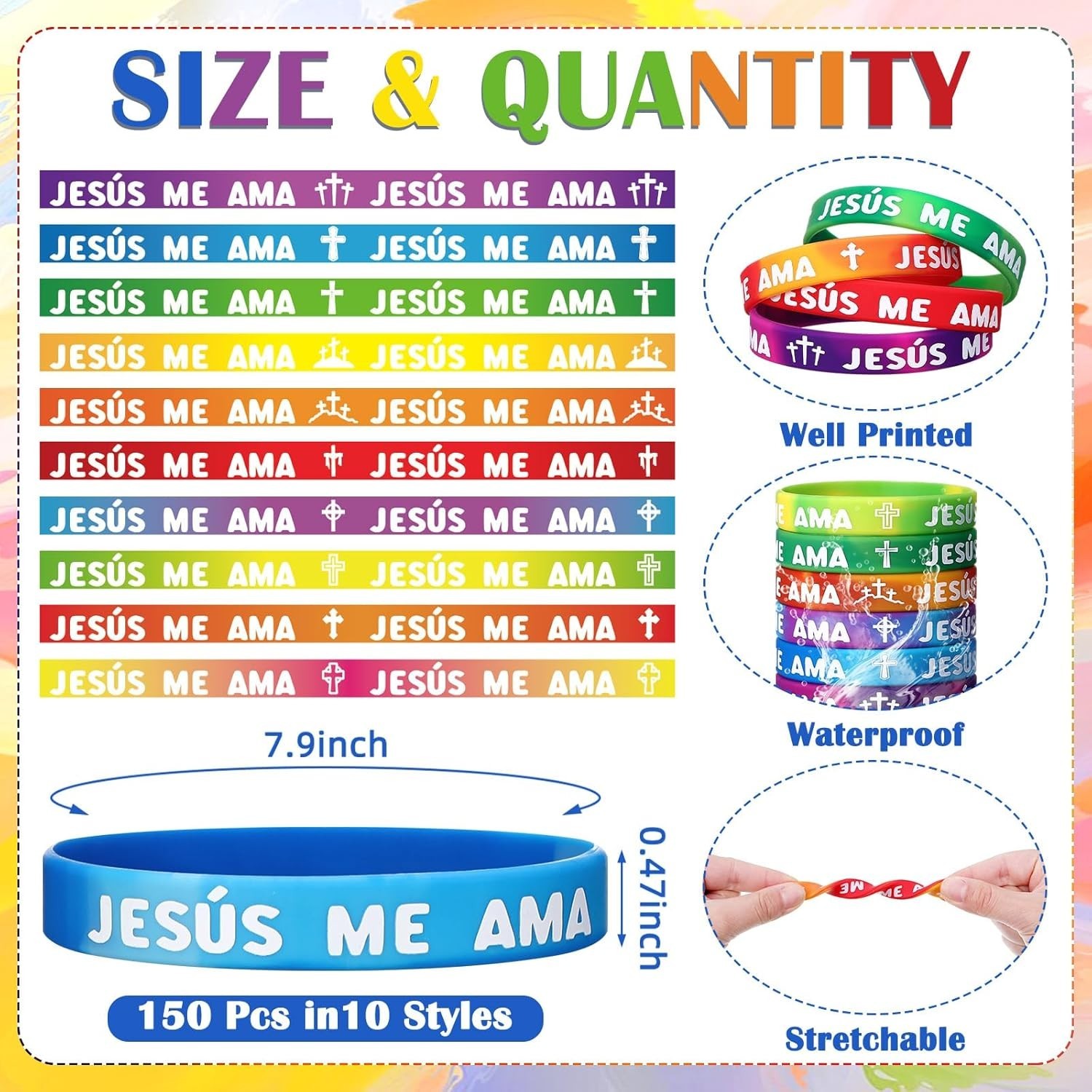 150 Pcs Spanish Jesus Loves Me Wristbands Bulk 10 Styles Rainbow Jesus Me Ama…