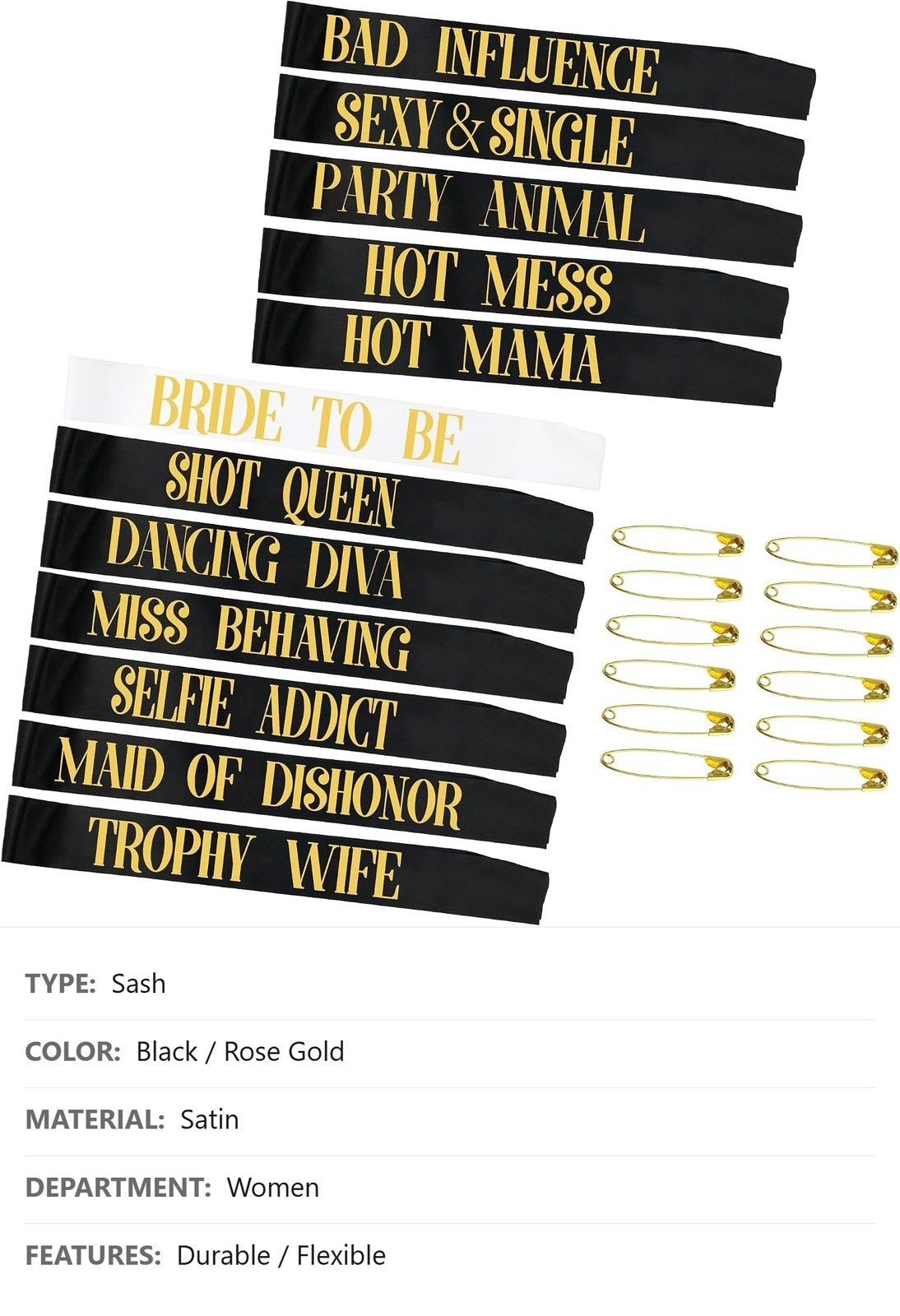12 Pack Bachelorette Party Sashes, Bride To Be, Black Rose Gold Letters