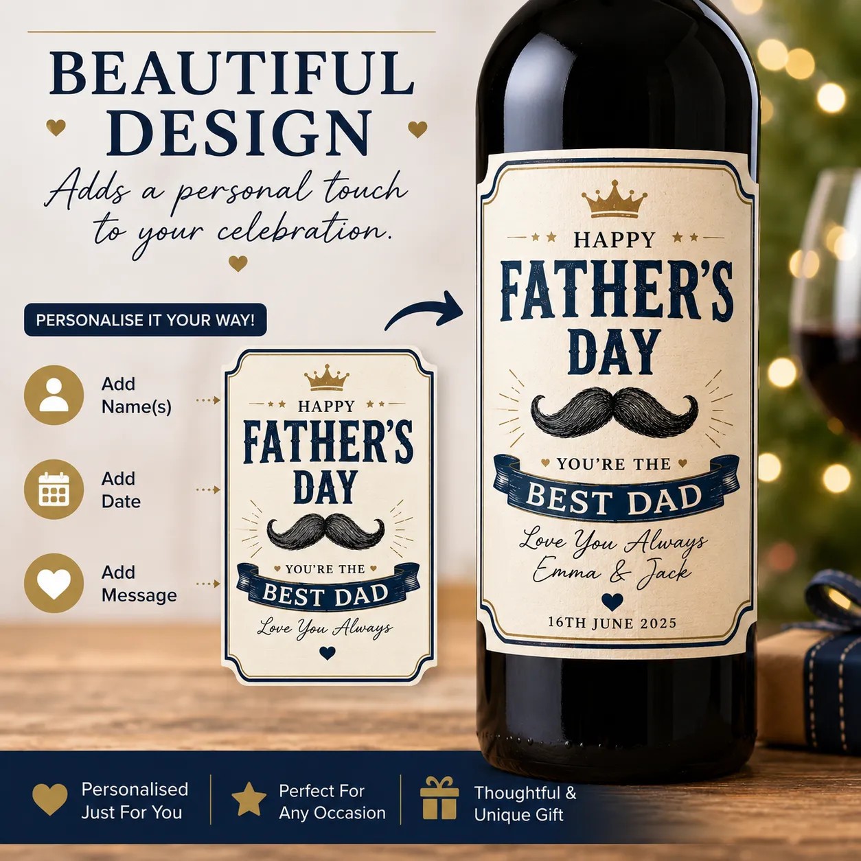 Personalised Father’s Day Bottle Label Sticker Custom Wine Gift for Dad