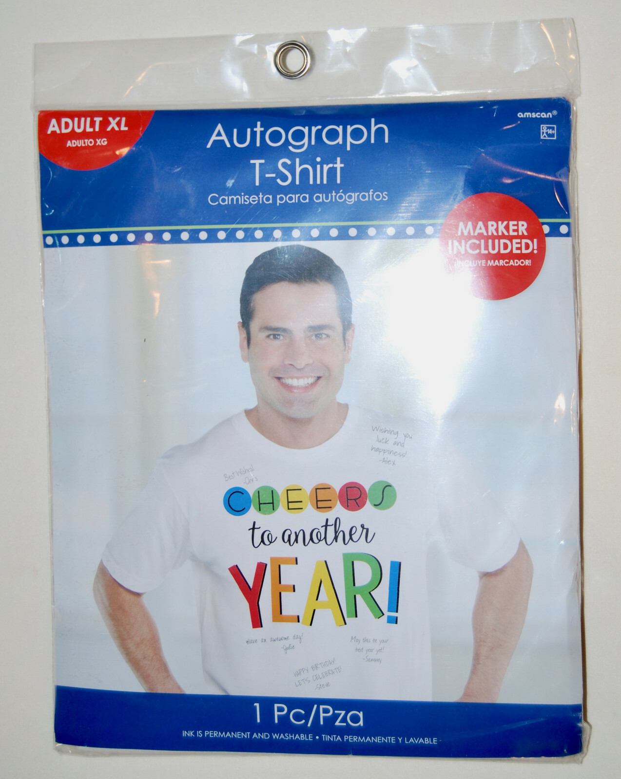 New Amscan Adult White Birthday Celebration Autograph T-Shirt w/ Marker sz XL