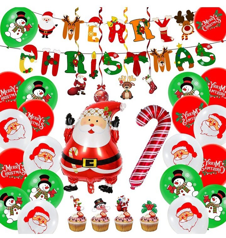 Holiday Decoration Set Merry Christmas Banner Santa Decor Balloons