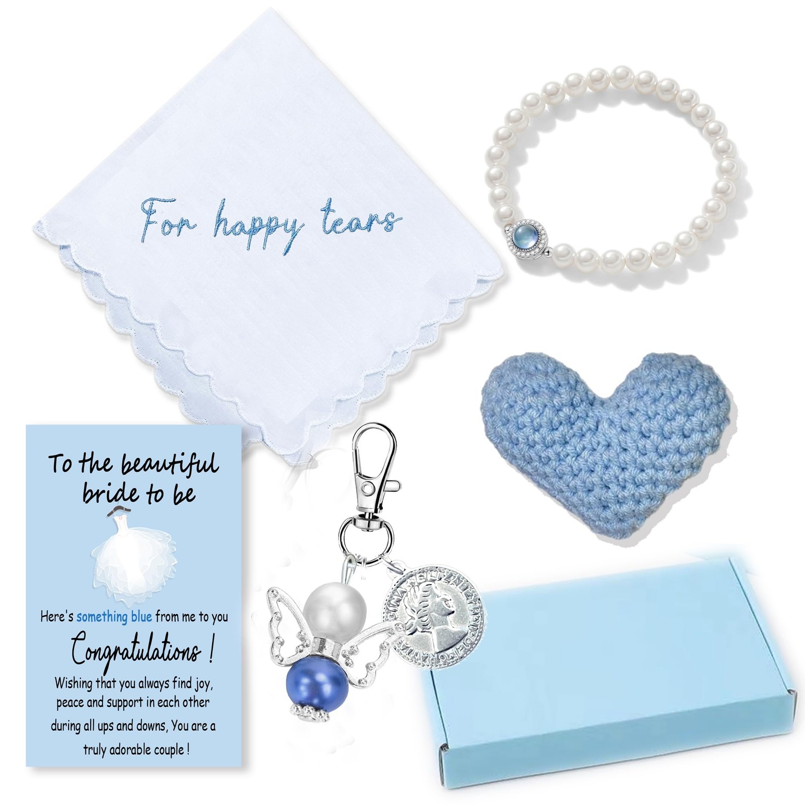 Set of 6 Something Blue Wedding Gift for Bride Embroidered 5×7 inches, blue