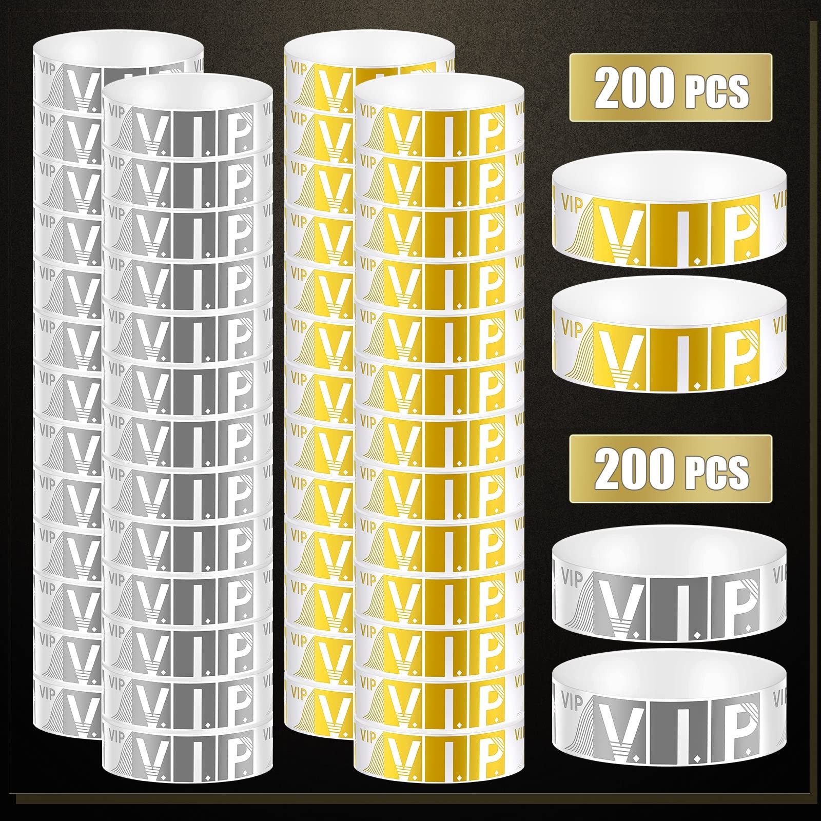 400 Pcs VIP Wristbands for Events Waterproof 9.84 x 0.75 inch, Silver, Gold