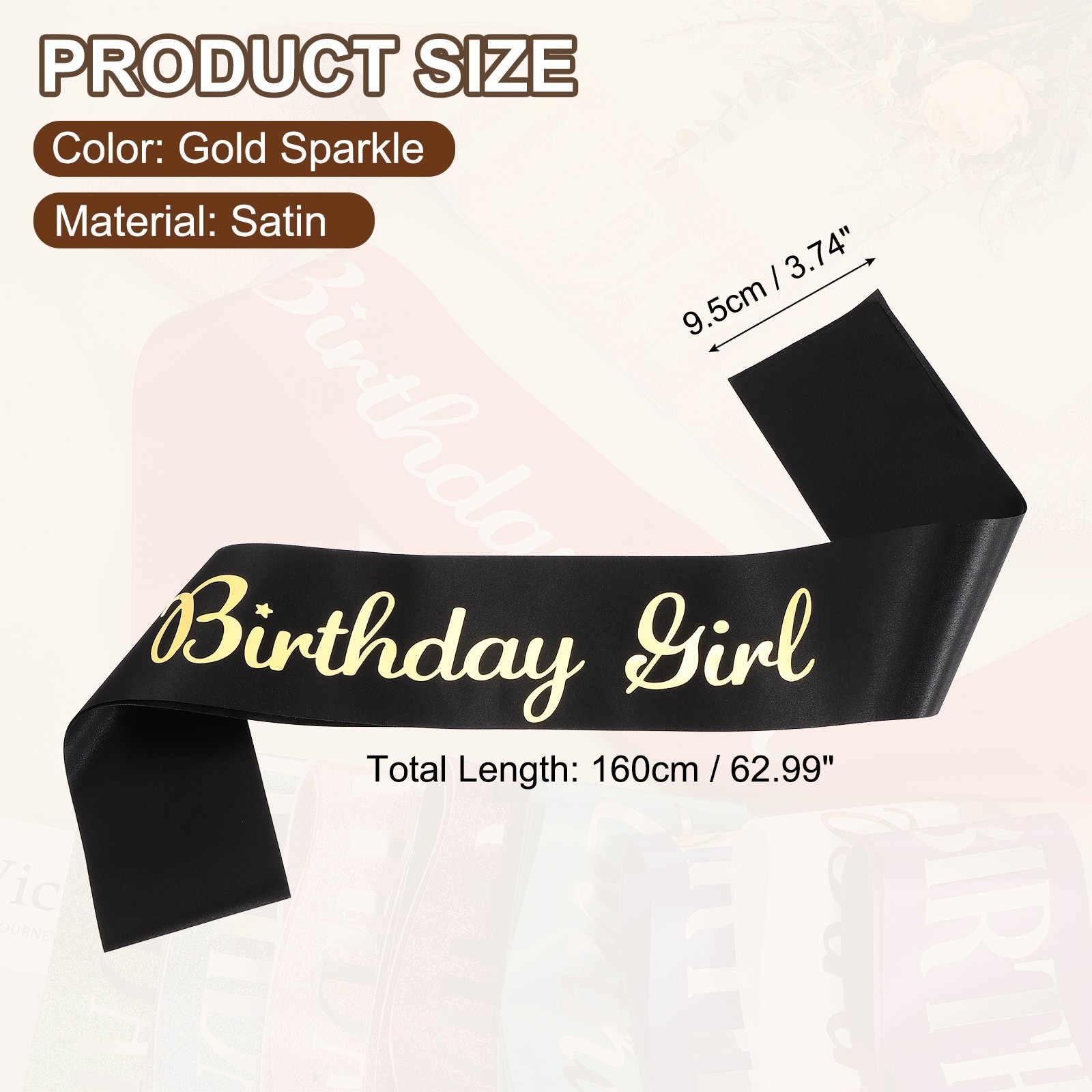 Birthday Girls Sash with Pin Gold Sparkle Lettering for Birthday Party, Black