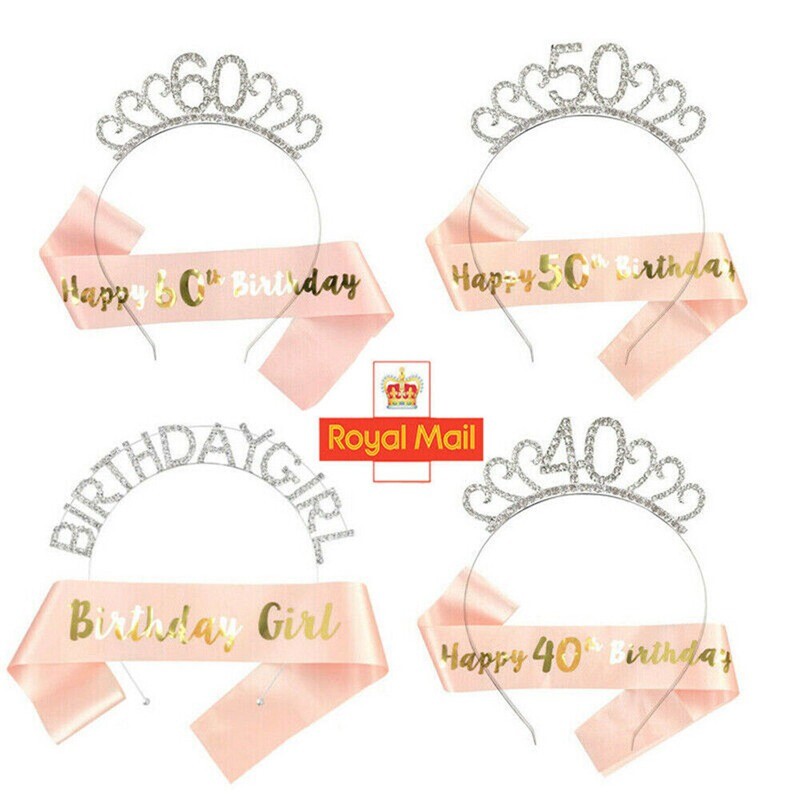 Girl Women Headband Rose Gold Rhinestone Party Crown Sash Birthday Tiara