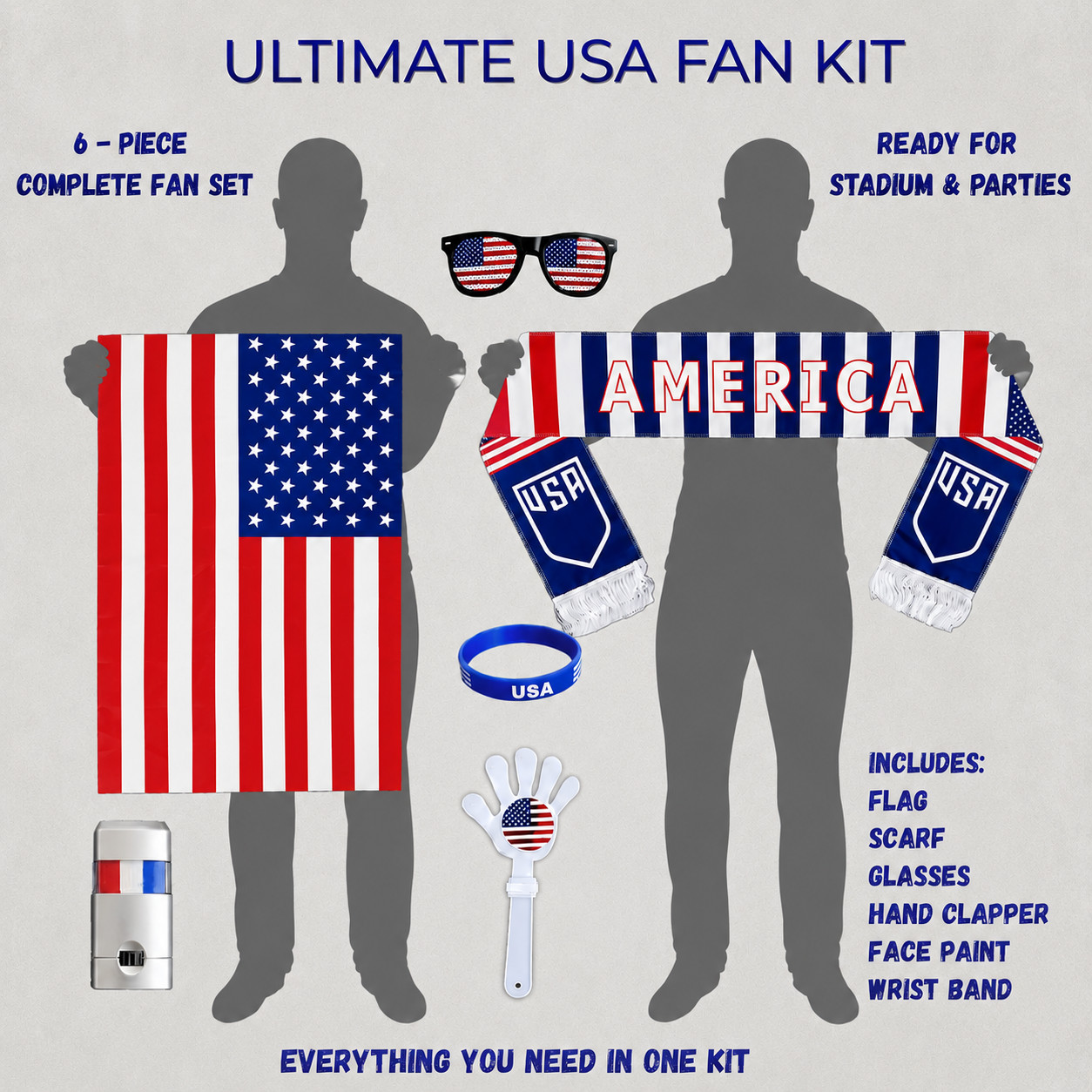 2026 World Cup USA Soccer Fan Kit Flag Scarf Headband Wristbands Face Paint