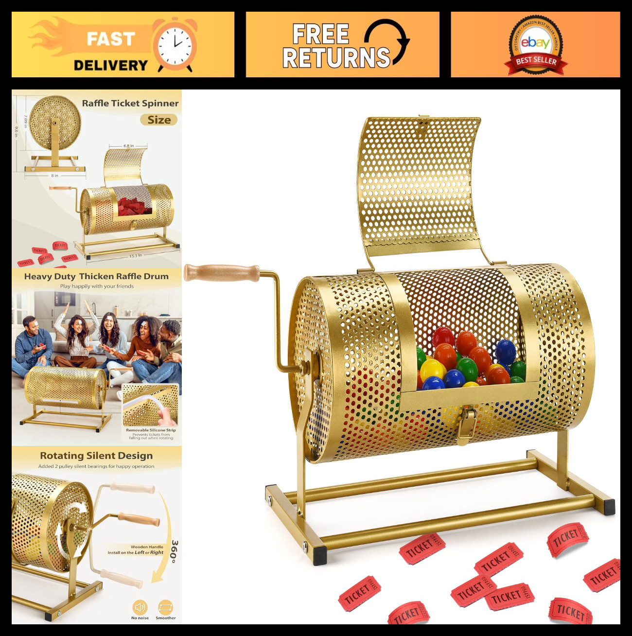 Heavy Duty Raffle Drum Spinner Cage with Silent Handle & Thick Ticket Box for Lo