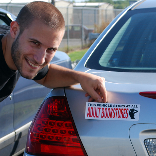 THIS VEHICLE STOPS AT ALL ADULT BOOKSTORES – CAR MAGNET