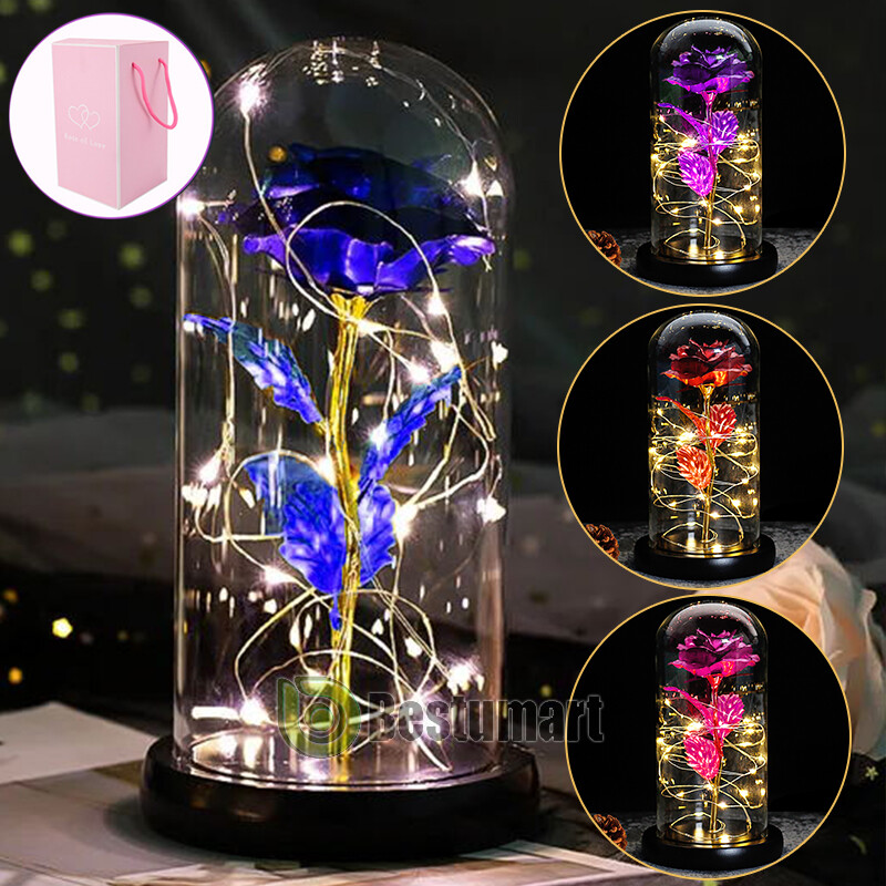 Crystal Eternal Galaxy Rose Flower LED Light Glass In Dome Gifts for Her Lovers