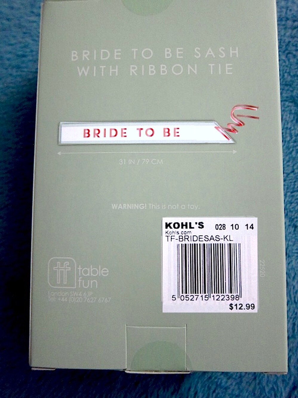 NIB ”BRIDE TO BE” SASH Rose Gold Lettering on White w/side tie 31″Orig $12.99