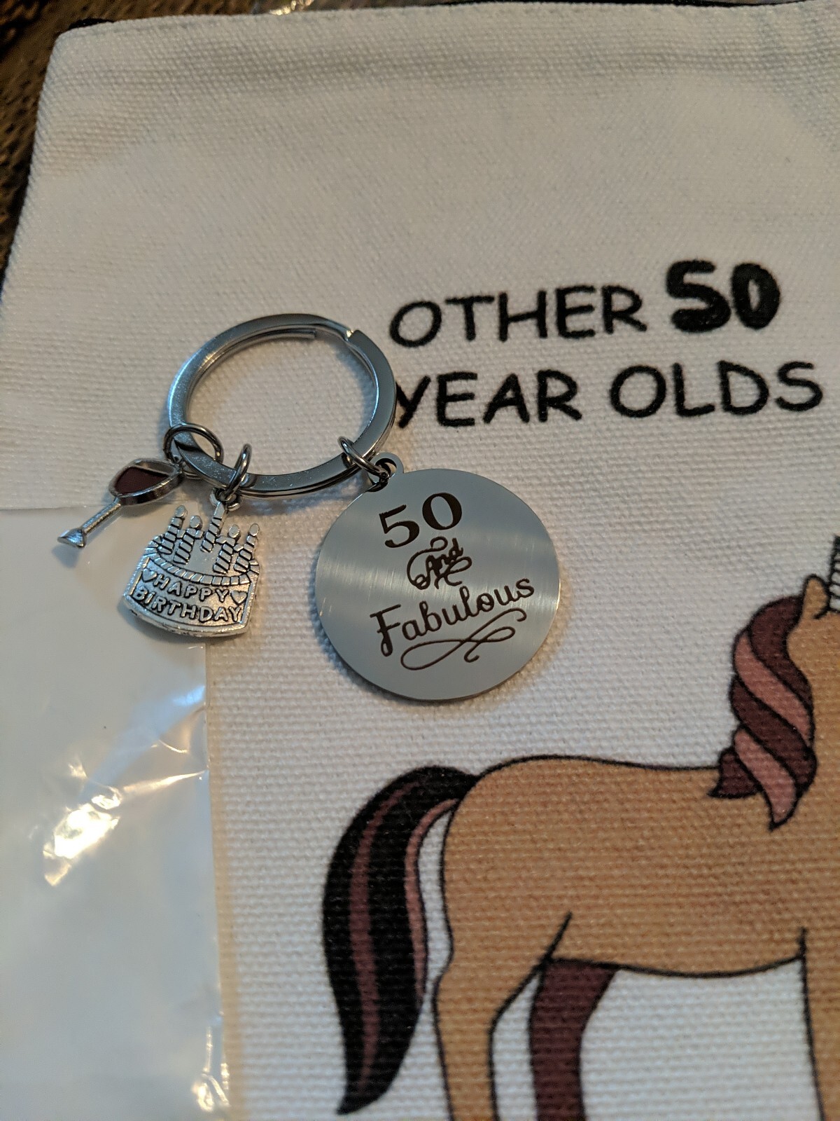 50th Birthday Makeup Bag & Key chain Set UNICORN (Rainbow) Fabulous gift
