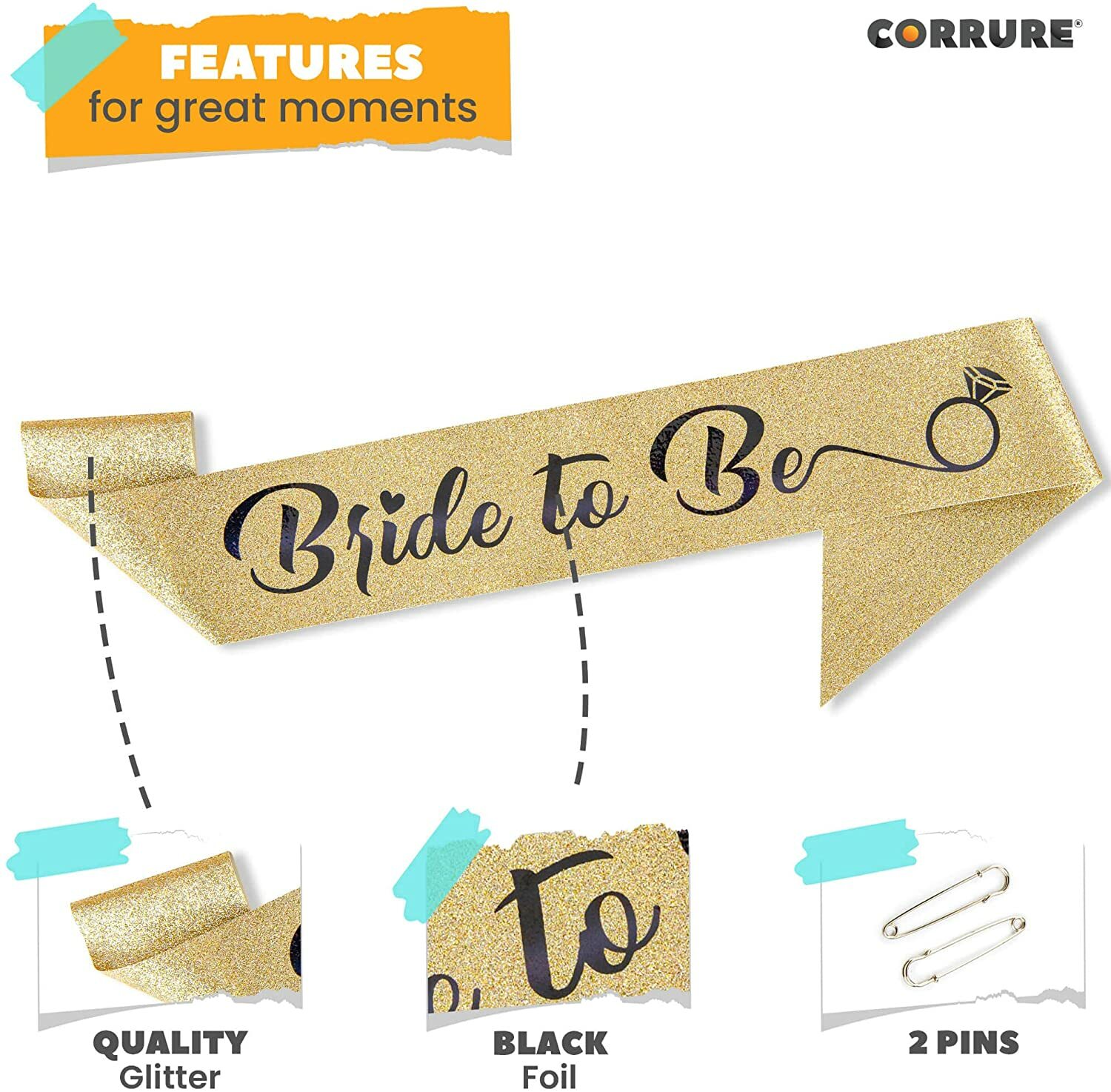 BRIDE TO BE SASH FOR BACHELORETTE PARTY – BRIDAL SHOWER GOLD GLITTER SASH