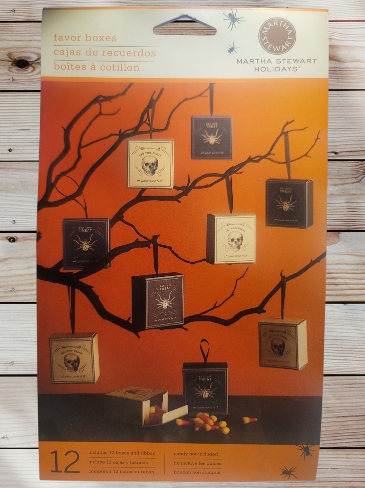 MARTHA STEWART – Set of 12 Halloween Skull & Spider Favor Treat Boxes & Ribbon
