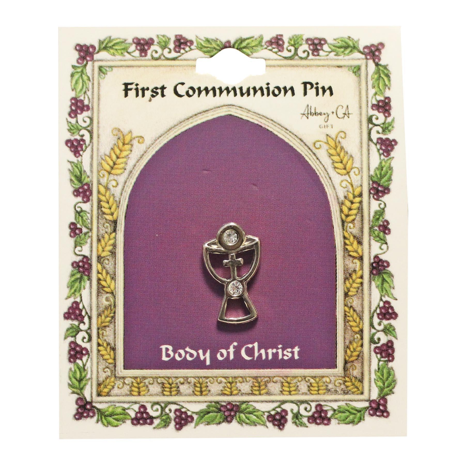 First Communion Lapel Pin Brooch – Silver Chalice with Gems