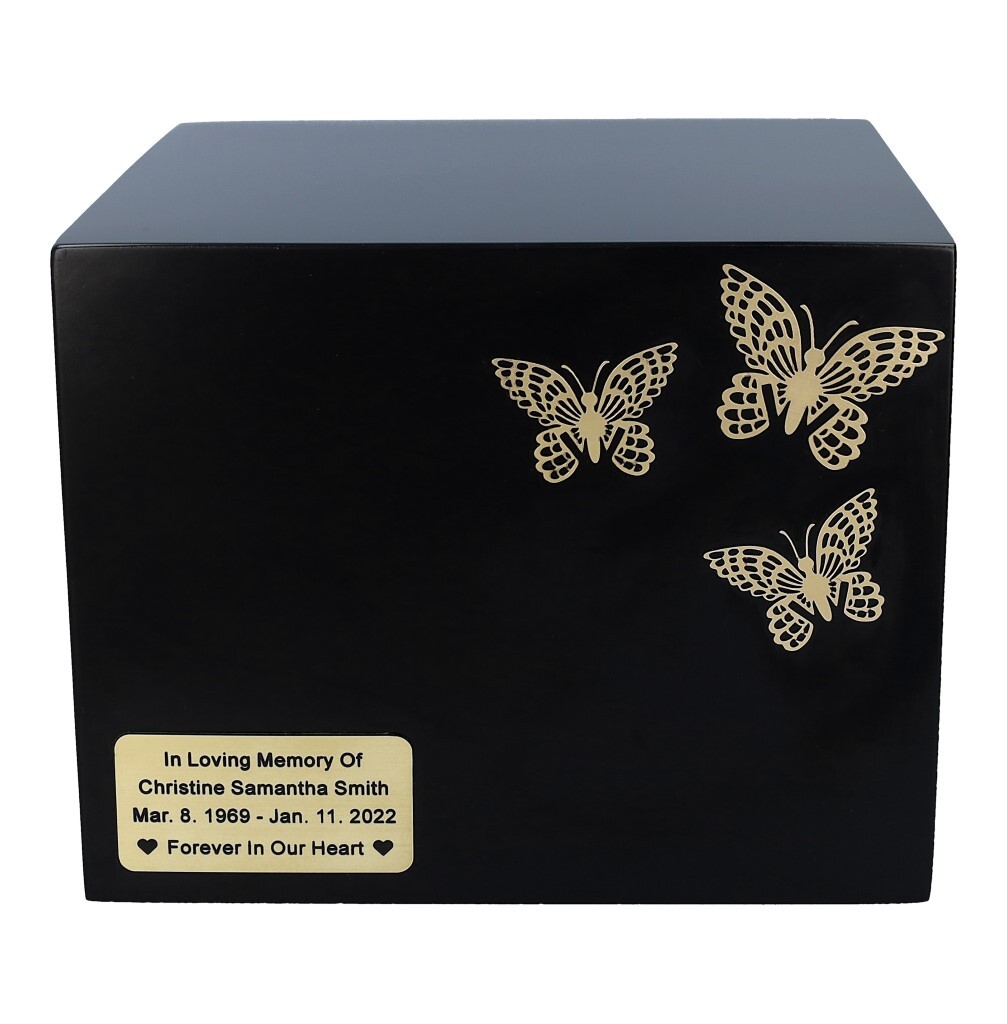 Black urn with butterflies box-shaped cremate urn for adult full size ashes box