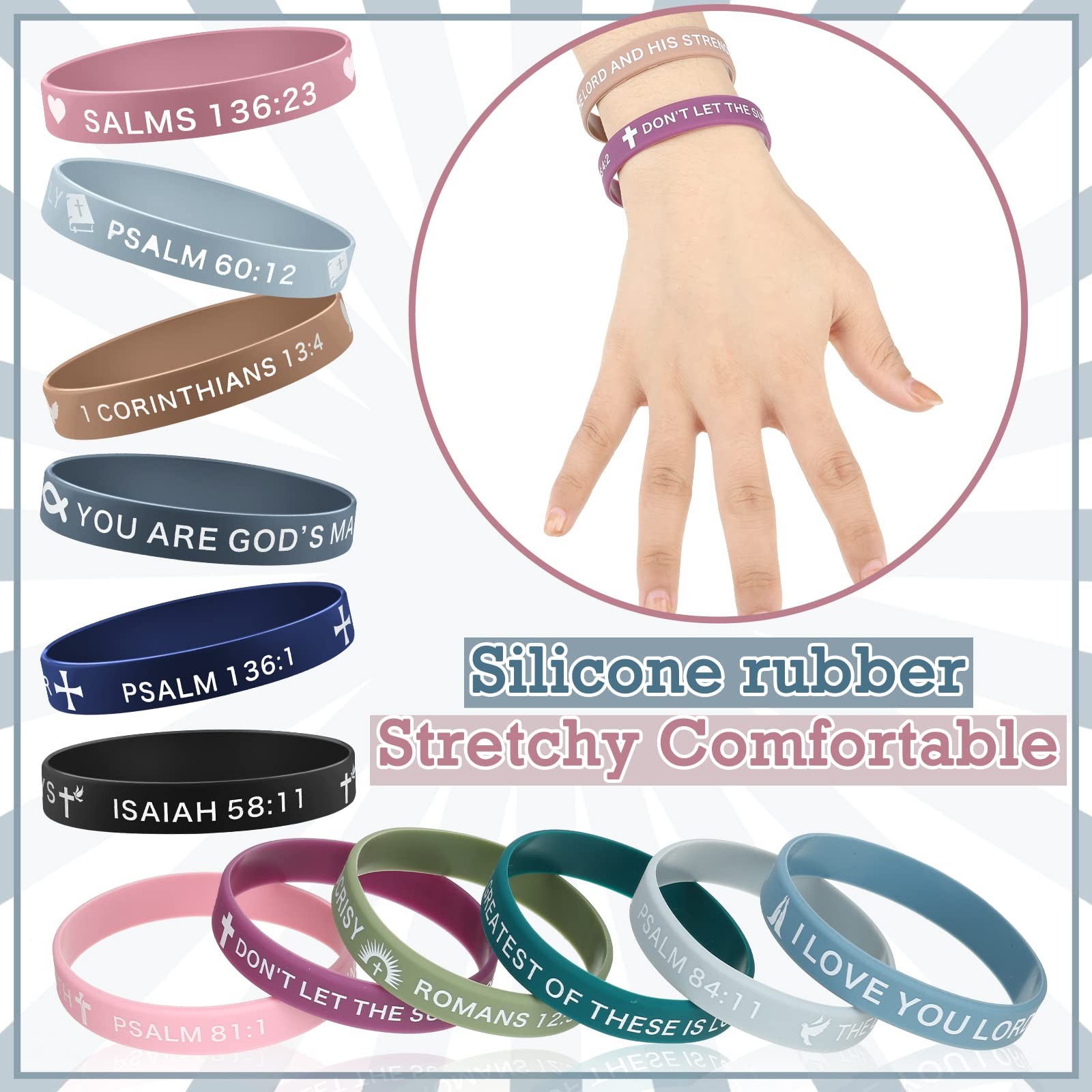 60 Pieces Religious Silicone Bracelets Christian Rubber Bible Verses Wristbands