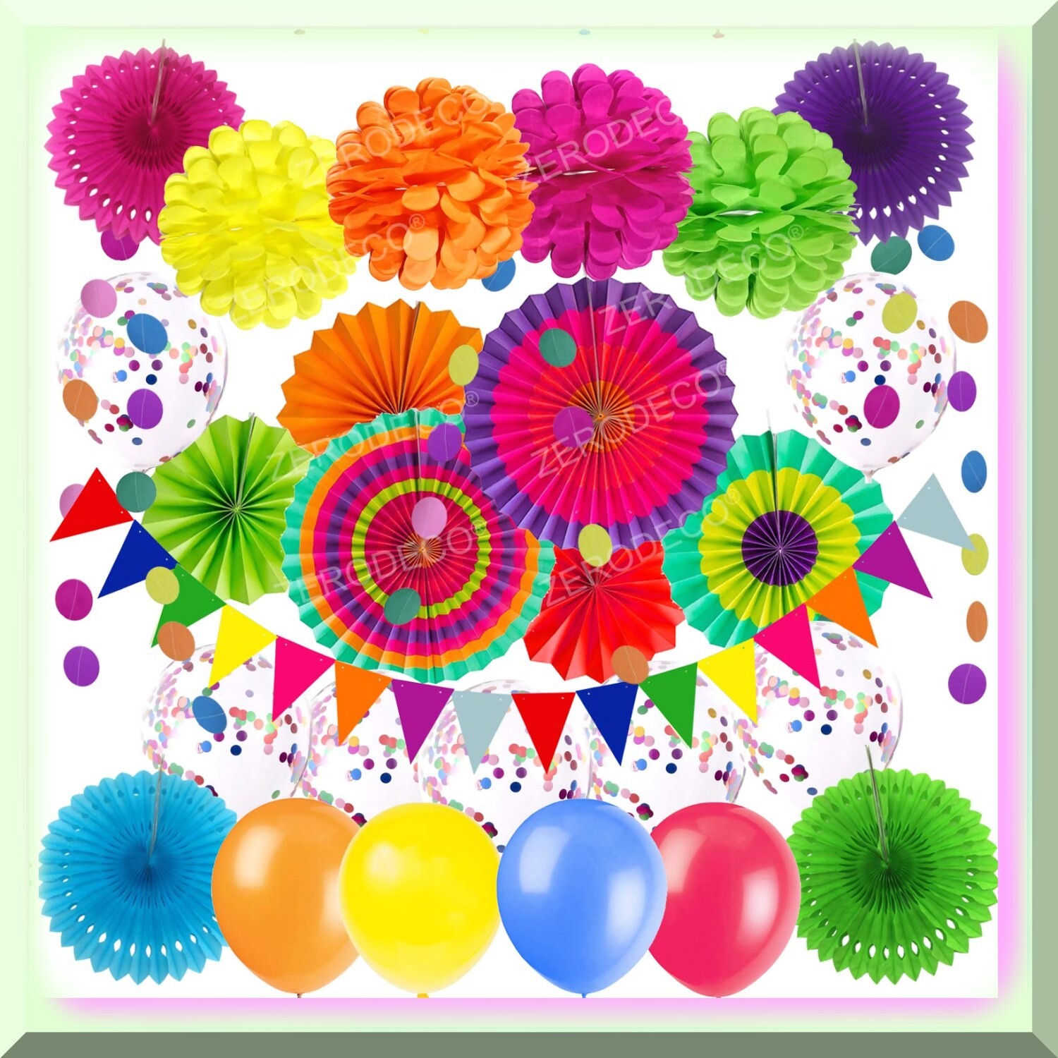 Colorful Party Decorations Set with Balloons Banners Fans