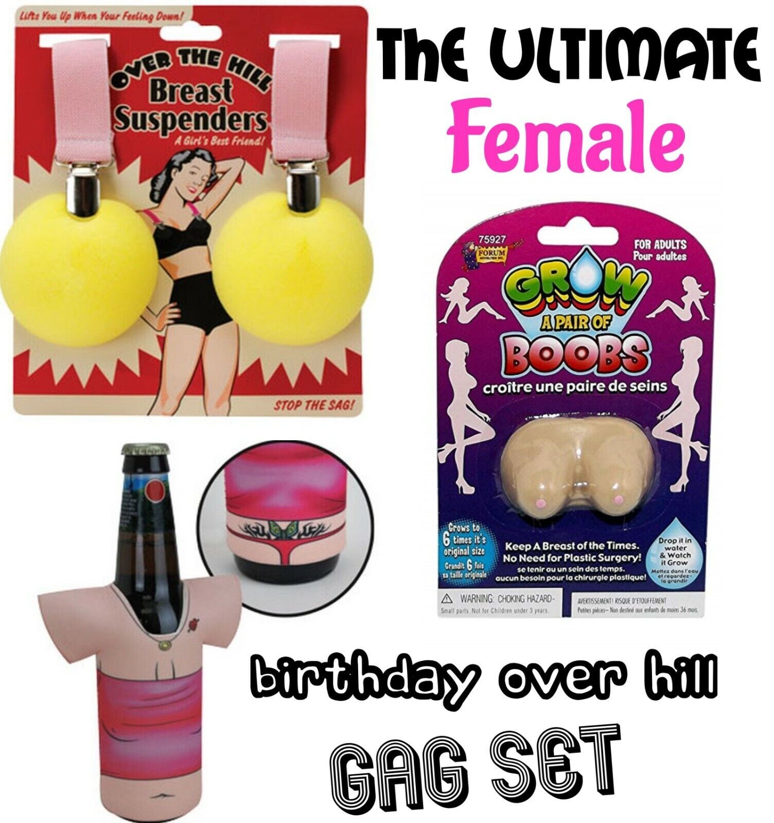 ULTIMATE FEMALE GAG SET – Breast Suspenders + 1 Grow Boobies + 1 Trash Sleeve