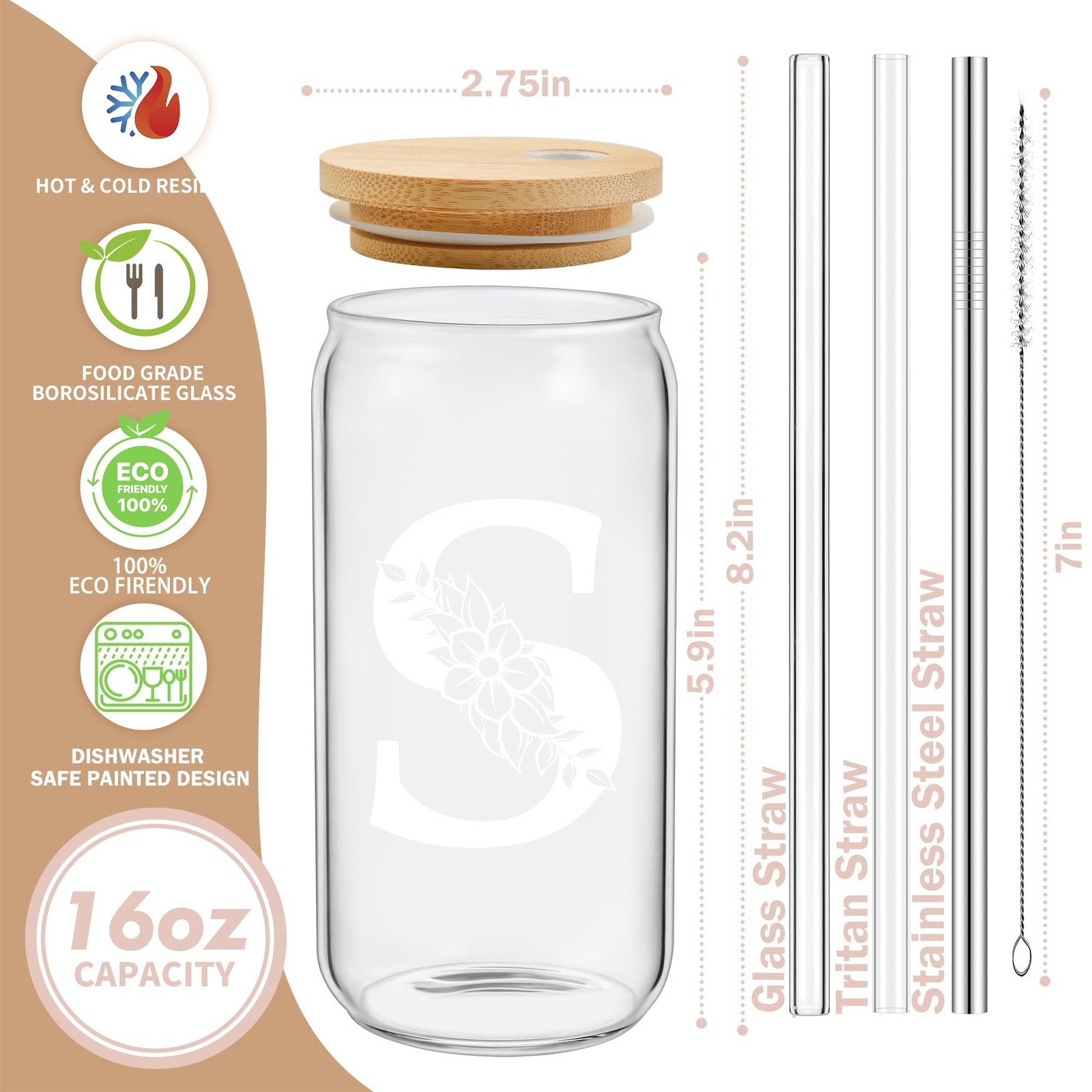 Personalized Gifts for Women, Monogrammed Glass Cups with Lids and Straws, Cu…