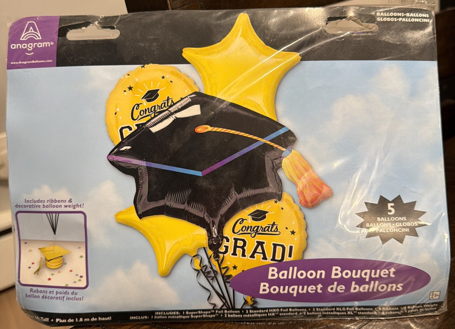 Congrats Grad! 5 Metallic Bouquet of Balloons Yellow