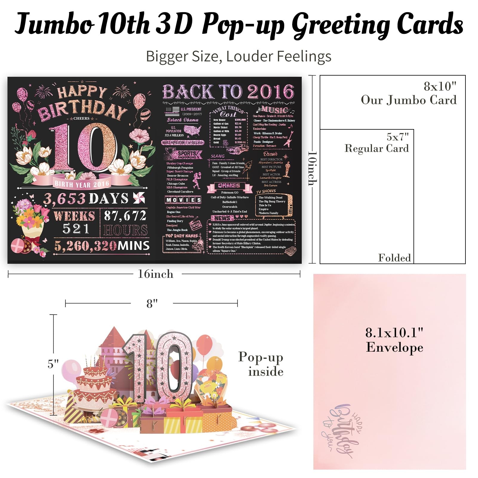 10th Birthday Card for Women Her, Large 3D Pop Up 10th, Pink