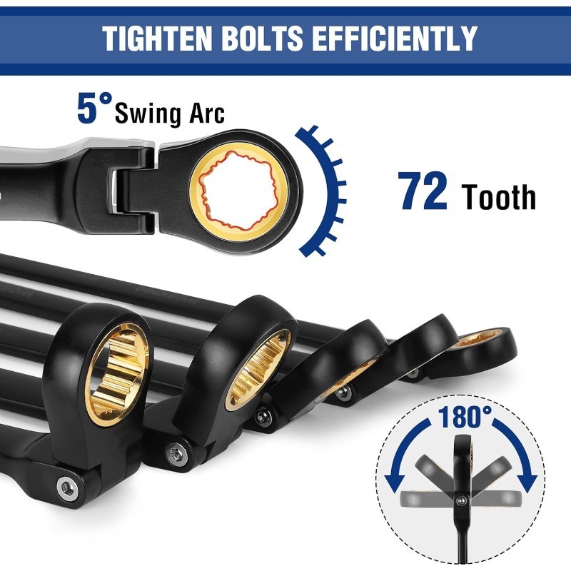 Extra Long Flex-Head Ratcheting Wrench Set, 5-piece Anti-Slip Double Box Wrenche