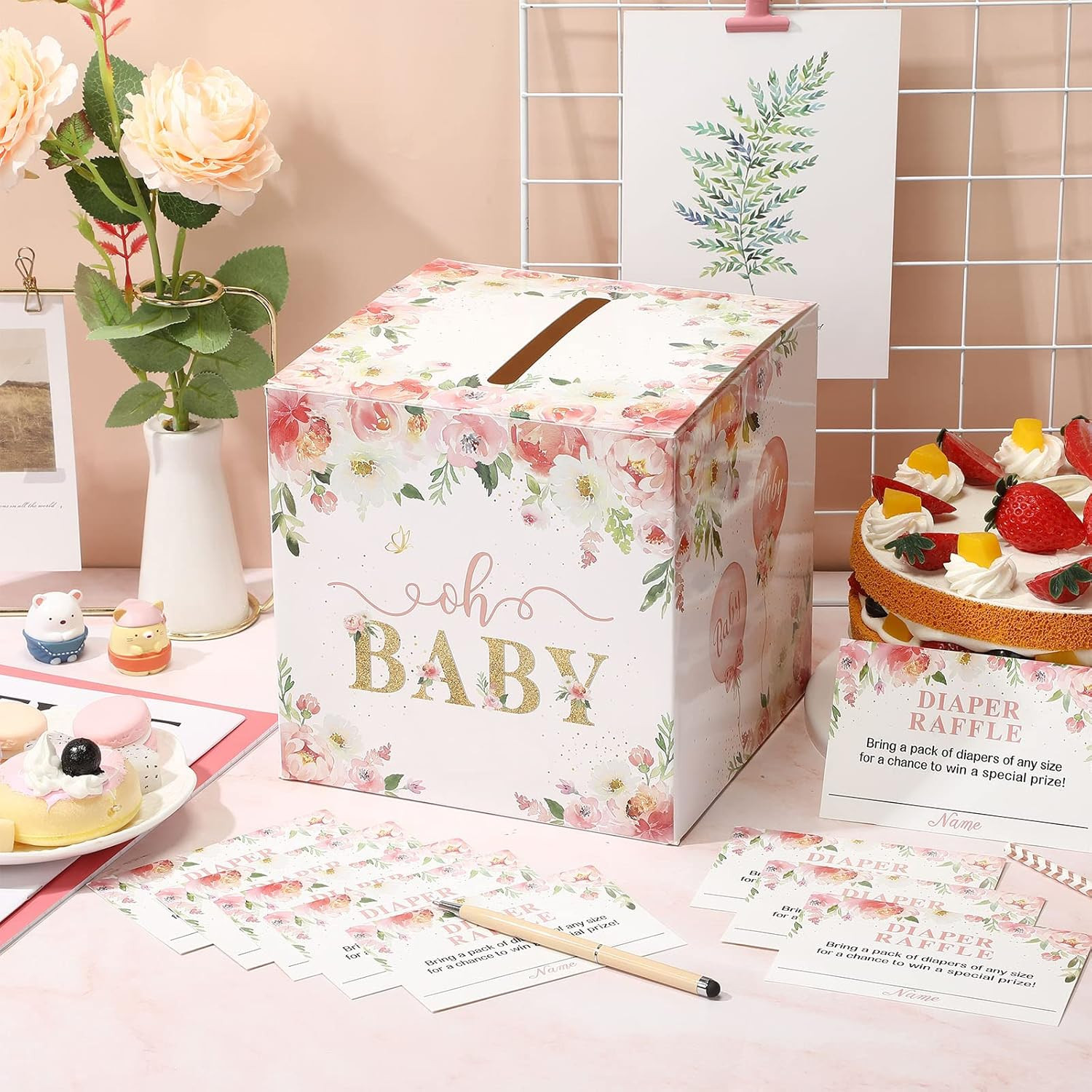 50 Pcs Floral Diaper Raffle Tickets with Diaper Raffle Card Box for Baby Shower