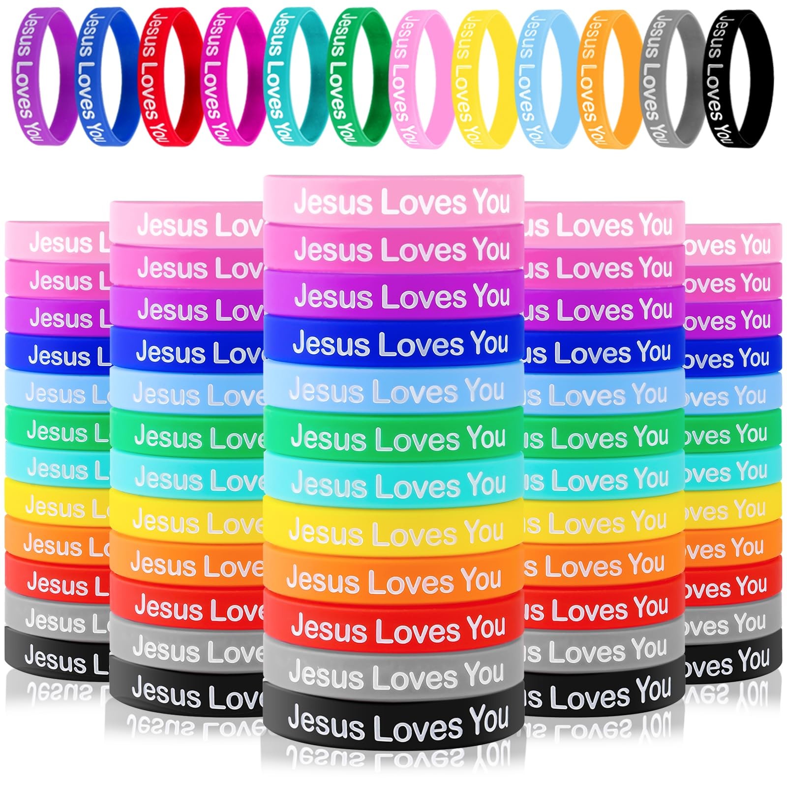 QEERBSIN 60 Pcs Jesus Loves You Rubber Bracelets Colorful Adult, Colored