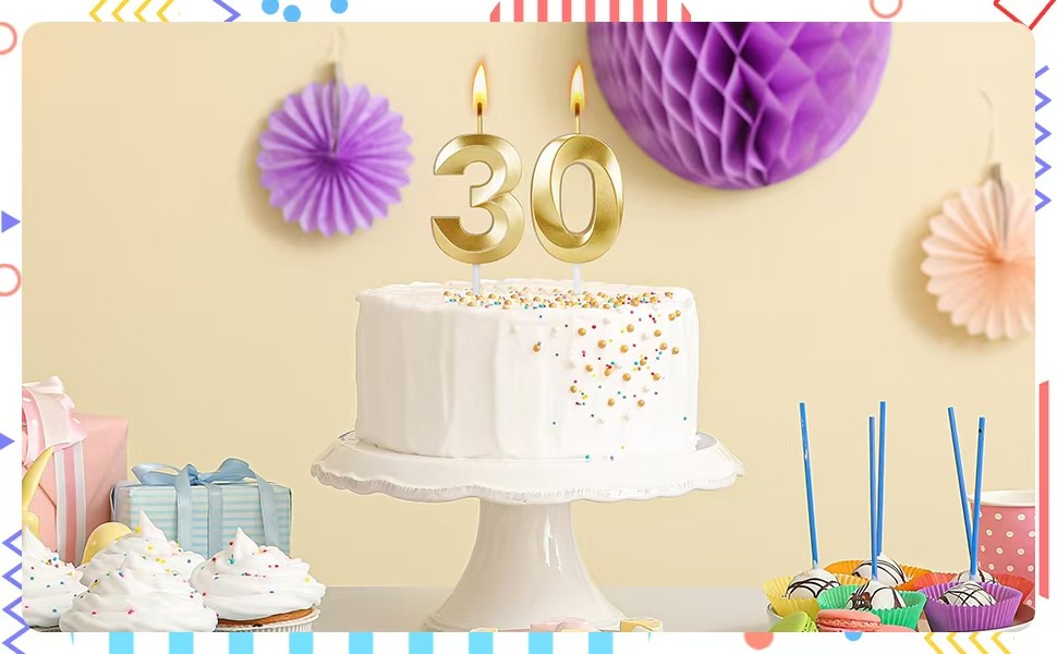 30th Birthday Candles for Cake, Gold Candles for Happy Birthday