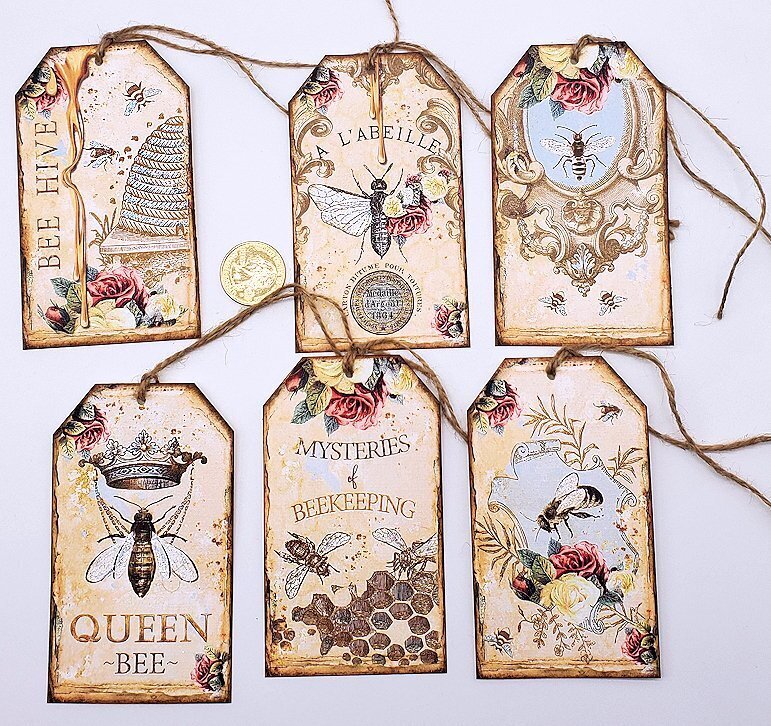 6-Vintage-Bees-Roses-Handmade-Junk Journal-Glitter-Linen Cardstock-Hang Tags