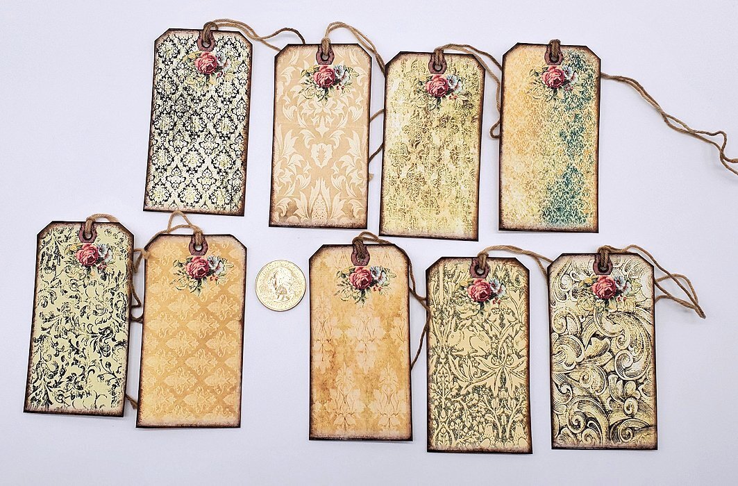 9~Ephemera~Handmade~Linen Cardstock~Damask~Roses~Gift~Hang~Tags